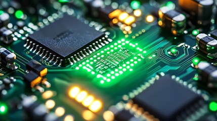 Intricate design of a motherboard featuring a prominent microprocessor with luminous accents : Generative AI