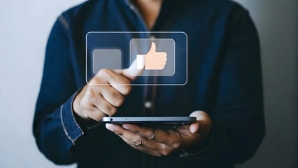 Visualize Positive Feedback: Holographic Thumbs Up Icon in Digital Feedback System - Stock Photo Concept with Empty Space for Customization
