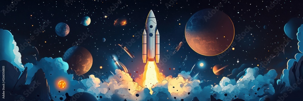 Poster rocket launch in a cosmic landscape with vibrant planets and stars in the background during a clear 