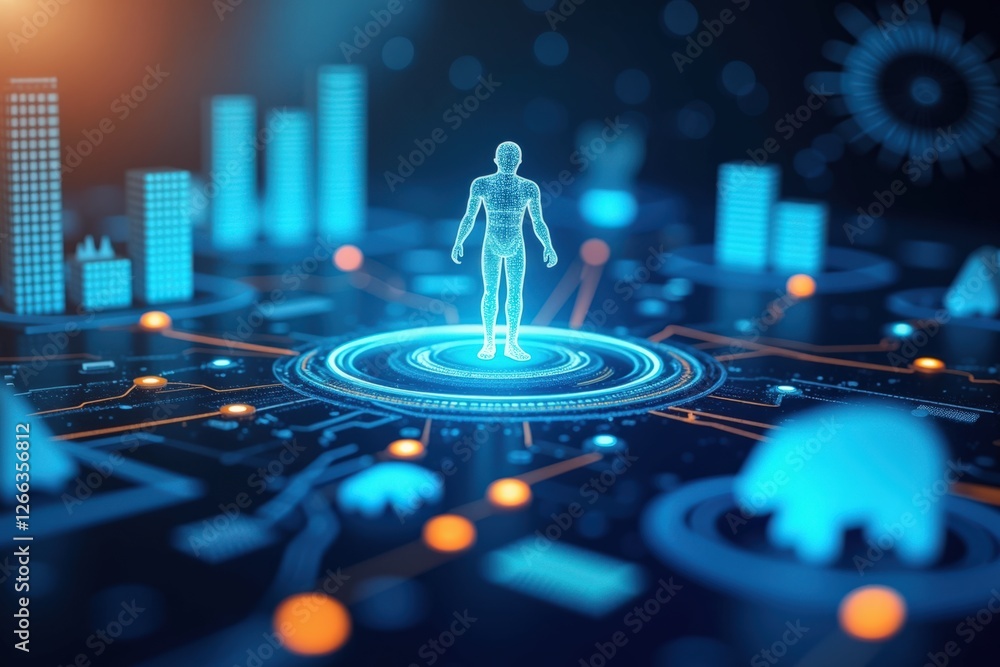 Aufkleber a futuristic digital representation of a human figure surrounded by abstract data visuals and geomet