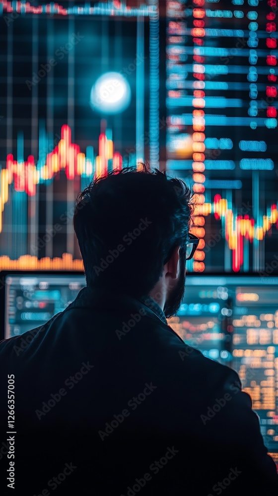 Leinwandbilder back view of a man observing detailed stock market data on a large digital display with vibrant char