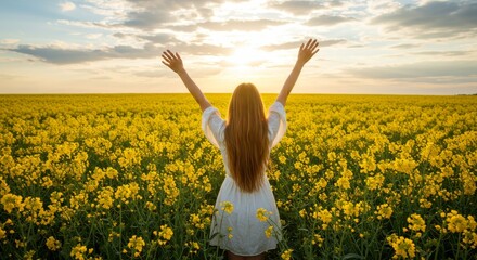Fototapeta premium A young woman jumps carefree in a sunlit yellow and green meadow, arms outstretched to the blue summer sky 2
