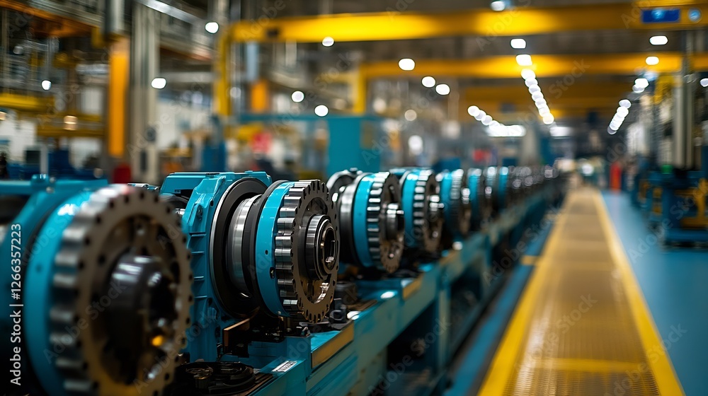Poster high tech assembly line showcasing advanced machinery components in a modern industrial setting : ge