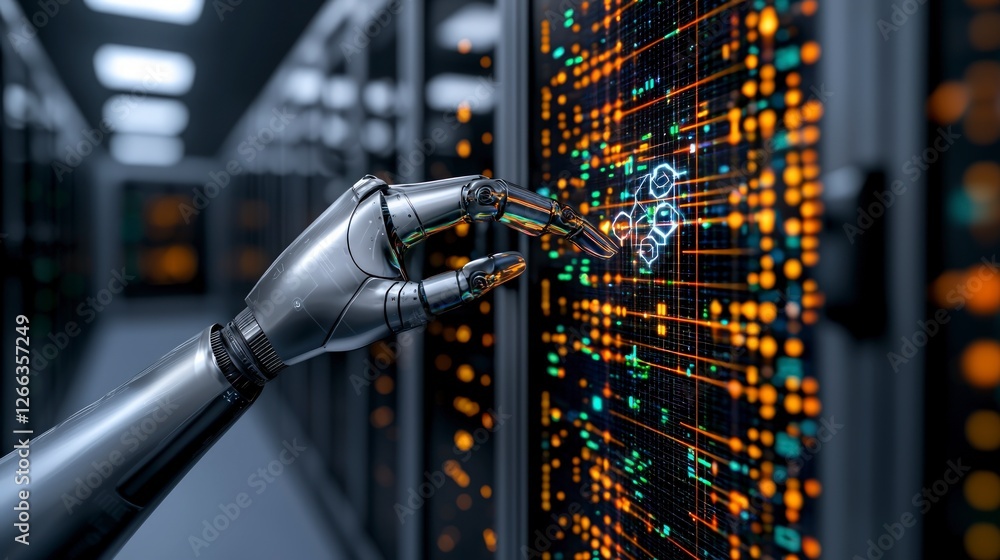 Aufkleber futuristic robotic hand interacting with holographic data network in server room