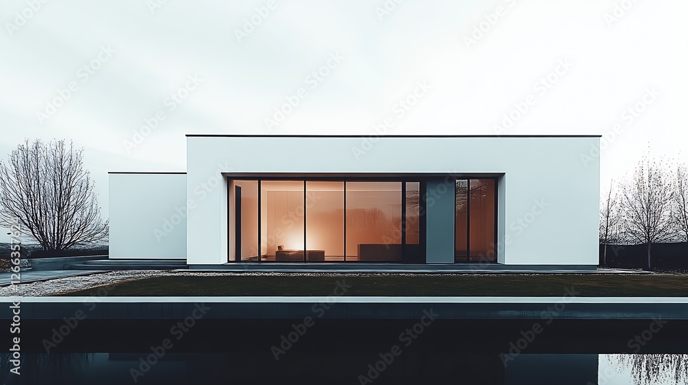 Aufkleber Elegant residence featuring large glass panels and a serene outdoor setting with trees : Generative AI