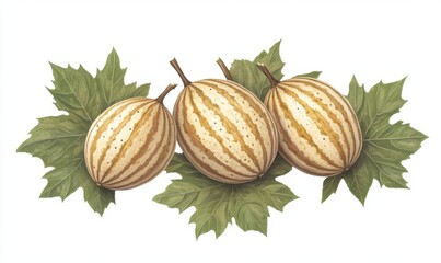 Three ripe melons with striped skin resting on green leaves against a white background
