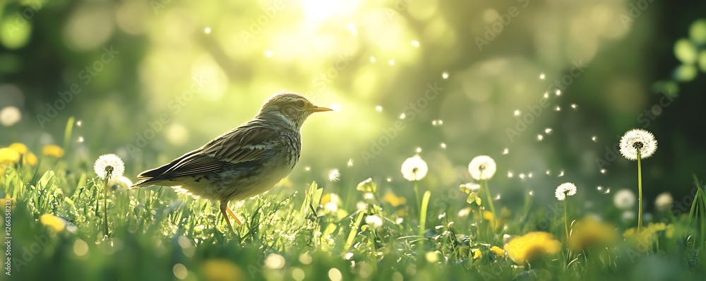 Poster lone sparrow basking in soft golden light amidst a sea of dandelions : generative ai