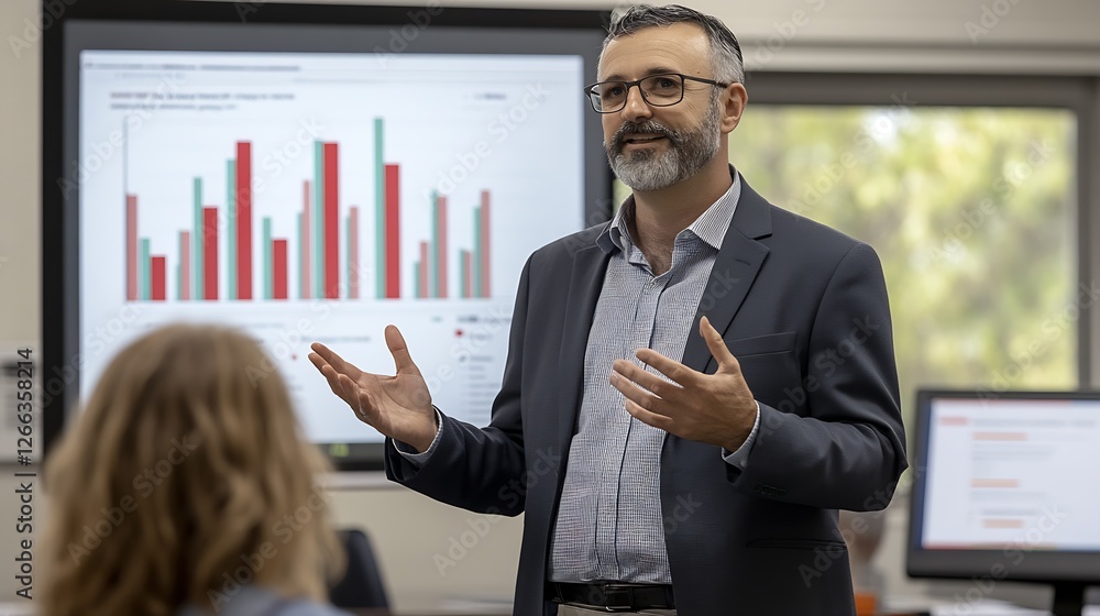 Poster business professional presenting financial data during a corporate meeting with detailed charts and 