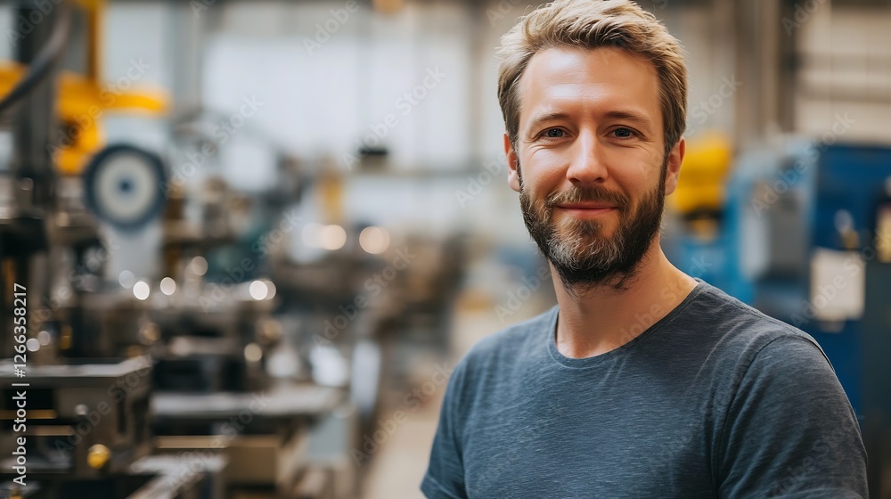Poster friendly industrial worker smiling in a modern workshop environment surrounded by machinery : genera