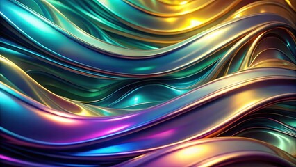 Abstract iridescent flowing metallic ribbons, swirling in a mesmerizing dance of color and light