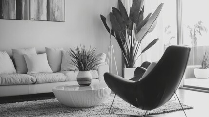 Sleek monochrome living room with black and white decor, minimalist style, copy space.