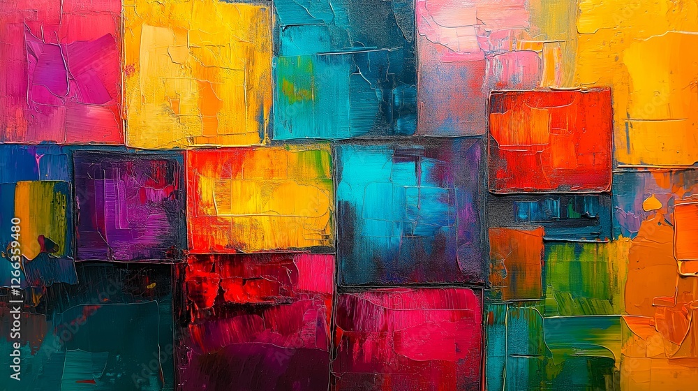 Poster vibrant abstract blocks: a bold, abstract painting featuring a dynamic composition of squares in a s