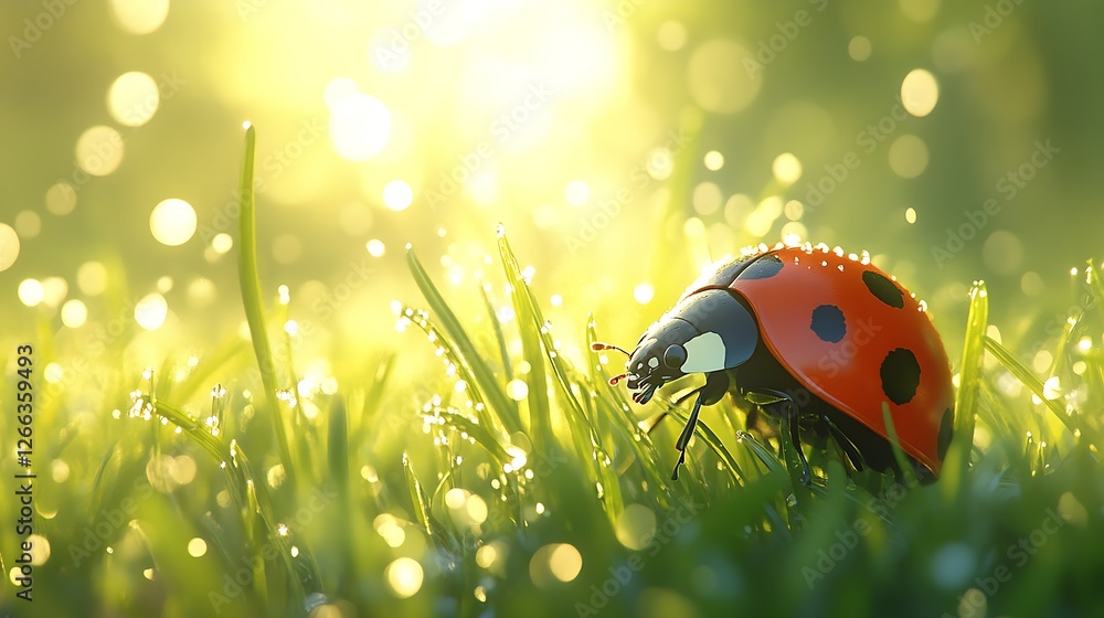 Poster Beautiful ladybug on dewy grass illuminated by soft sunlight in a serene natural setting : Generative AI