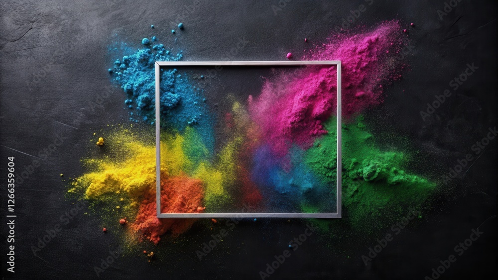 Wall mural A vibrant explosion of multicolored powder artfully arranged around a sleek, minimalist frame, creating a striking visual contrast against a dark background.