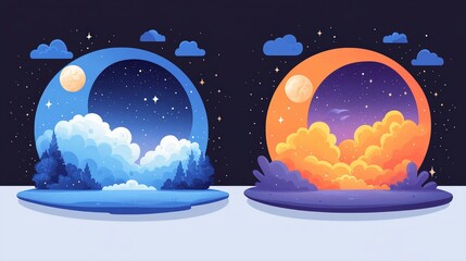 Fototapeta premium Dreamy Night Sky Two Moonlit Landscapes Stars Clouds Forest