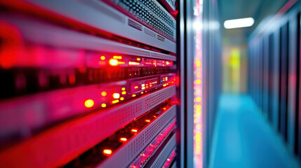 Detailed view of server rack in data center, showcasing illuminated components and modern technological environment. vibrant lights create dynamic atmosphere