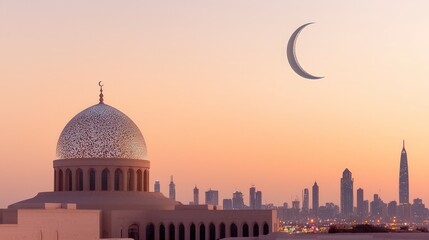 Fototapeta premium Crescent Moon over Mosque Dome City Skyline at Dusk