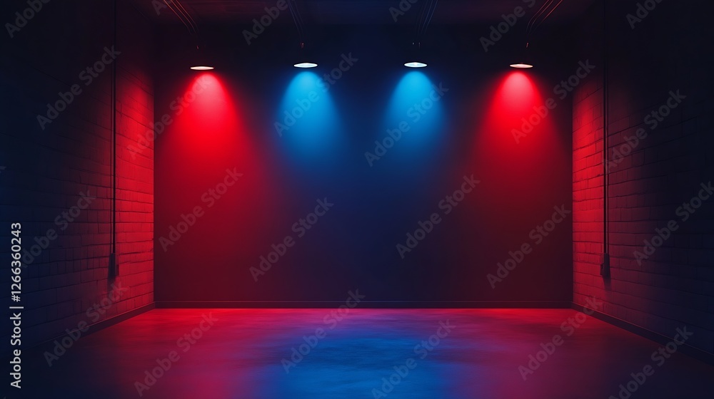 Aufkleber Dynamic Lighting Effects with Red and Blue Lights in an Empty Studio Room : Generative AI