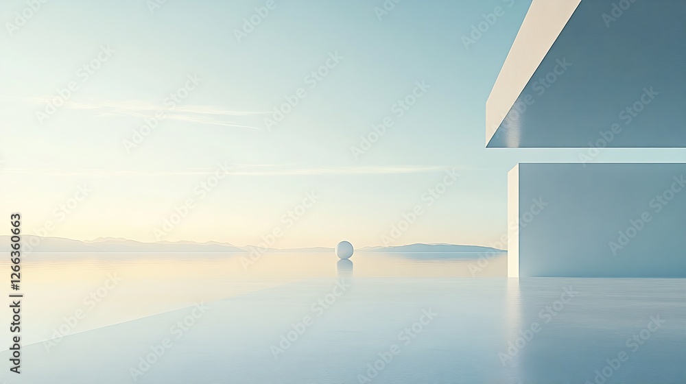 Poster serene minimalistic landscape with a smooth surface and a spherical object reflecting light in the d