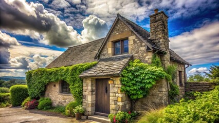 Rustic Stone Cottage with Lush Greenery Under a Dramatic Sky, a Peaceful and Serene Countryside Retreat