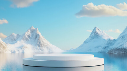 Elegant podium on calm water with snowy mountains in background, creating serene atmosphere. Ideal for presentations or showcases