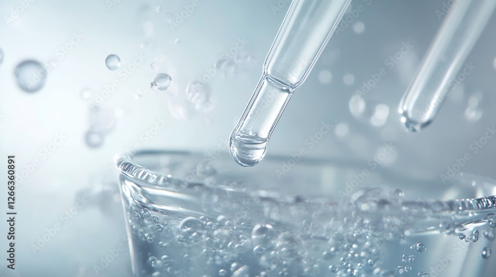 Poster droplets of water falling from a dropper into a glass container filled with bubbles and clear liquid
