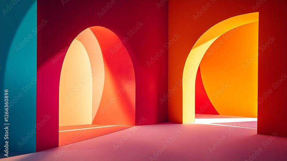 Poster vividly colored abstract space with bright archways creating an artistic and lively environment for 