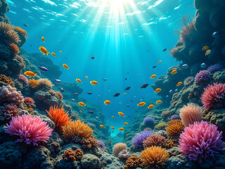 Naklejka premium Vibrant Coral Reef Below: A top-down aerial shot showcasing a colorful coral reef beneath the clear summer waters. Bright fish and marine life create a mesmerizing underwater paradise.