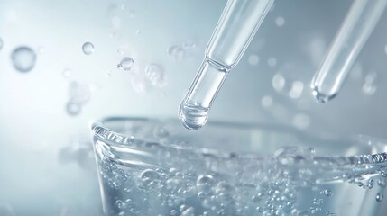 Droplets of water falling from a dropper into a glass container filled with bubbles and clear liquid : Generative AI