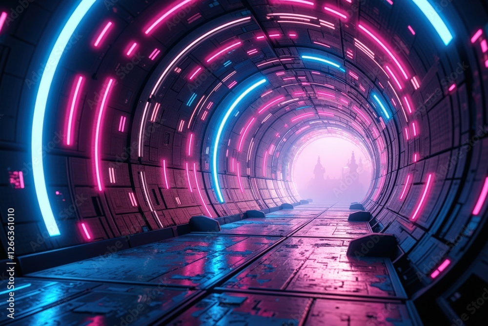 Poster futuristic neon tunnel with vibrant lighting creating a mystical pathway towards a blurry destinatio