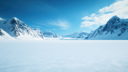 breathtaking winter landscape featuring snow covered mountains and vast icy expanse under clear blue sky. serene atmosphere evokes sense of tranquility and wonder