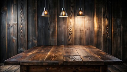 Rustic Wooden Tabletop with Warm Ambient Lighting from Hanging Lamps Against a Dark Wood Panel Background