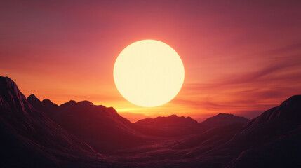 Obraz premium stunning sunrise over mountains with large, bright sun illuminating landscape, creating serene and peaceful atmosphere