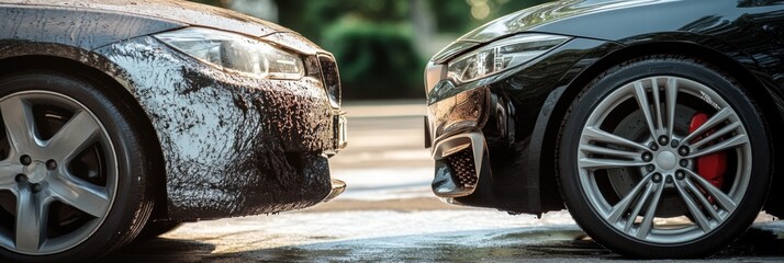 Comparison of a scratched and dirty car alongside a shiny and polished vehicle highlighting contrasting appearances. Generative AI