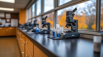 Laboratory workbench featuring microscopes and glassware, with autumn trees visible outside