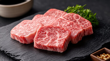 Fresh, hyper realistic small cuts of wagyu beef displayed on slate board, showcasing intricate marbling and vibrant color. Perfect for gourmet cooking or culinary presentations