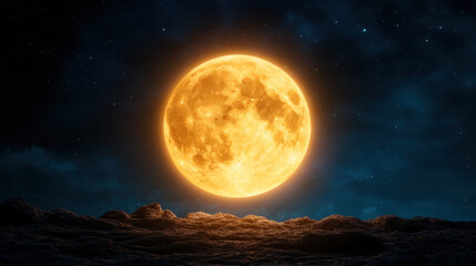 Fototapeta premium bright full moon illuminates dark sky, casting warm glow over textured landscape. scene evokes sense of wonder and tranquility