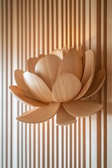 Wooden lotus flower wall art on slatted wood background.