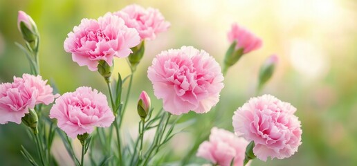 Close-up of delicate pink carnations blooming in a garden, bathed in soft sunlight.