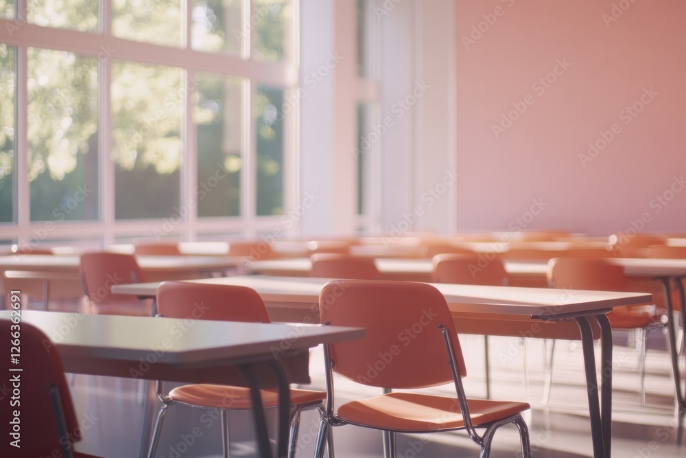 Poster sunlit classroom with empty desks and chairs near large window.