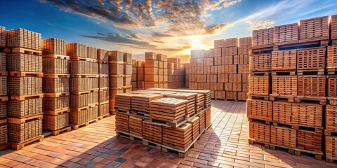 Sunset over a warehouse of stacked rectangular wooden pallets filled with brick-like objects