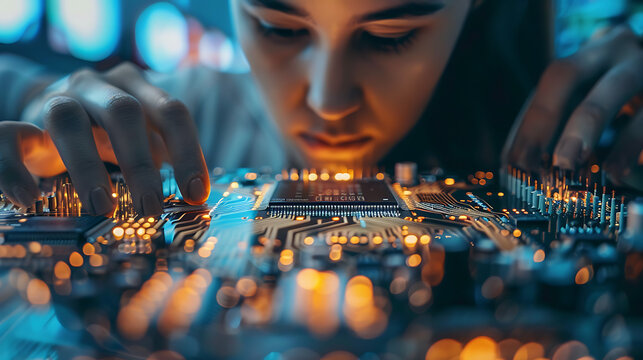 A detailed shot of a pick and place machine in a factory setting, quickly placing components on a circuit board during the electronics production process.

