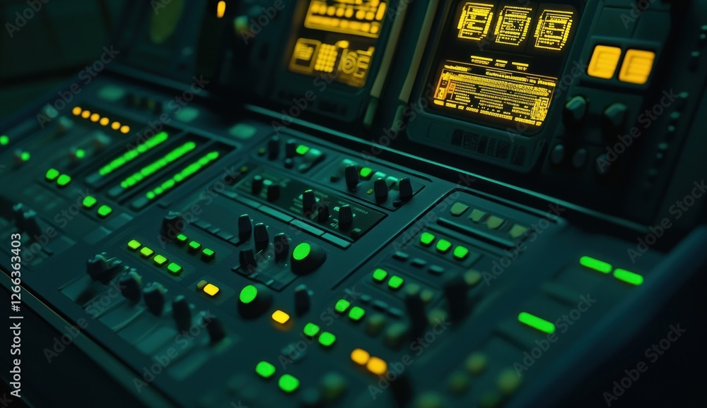 Poster close-up of a futuristic control panel with glowing buttons and screens.