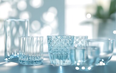 Collection of empty and partially filled clear glasses on a bright surface, illuminated by soft sunlight.