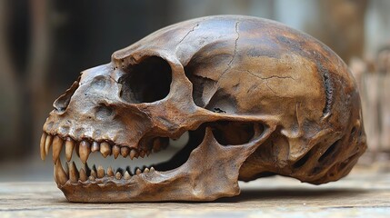 Detailed close-up of a realistic animal skull resting on a rustic wooden surface, showcasing intricate textures