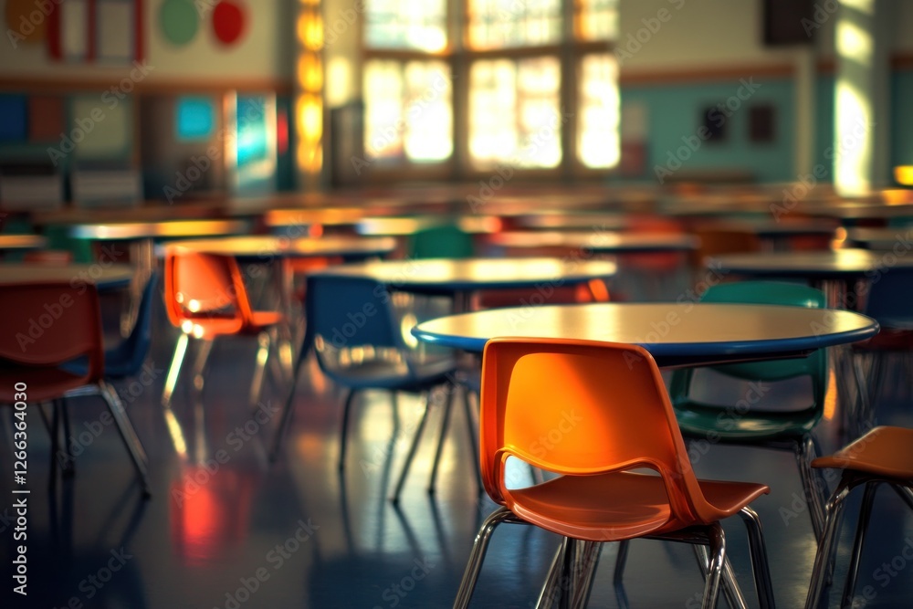 Poster empty school cafeteria with colorful tables and chairs.
