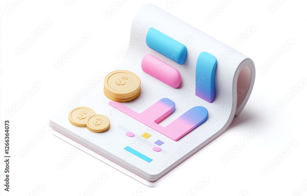 Aufkleber 3d render of a financial report with coins and colorful elements.