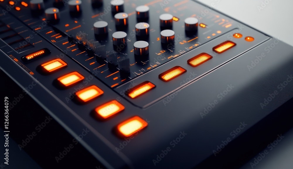 Aufkleber close-up of a dark gray sound mixing console with orange illuminated buttons and knobs.