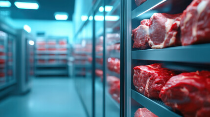 Fresh meat products displayed in modern meat shop fridge, showcasing various cuts of beef in well organized and clean environment