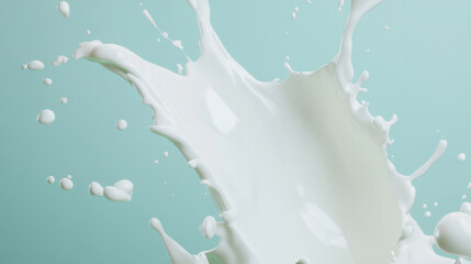 Obraz premium splash of milk creates dynamic shapes against soft green background, evoking freshness and vitality. fluid motion captures essence of dairy in visually striking way